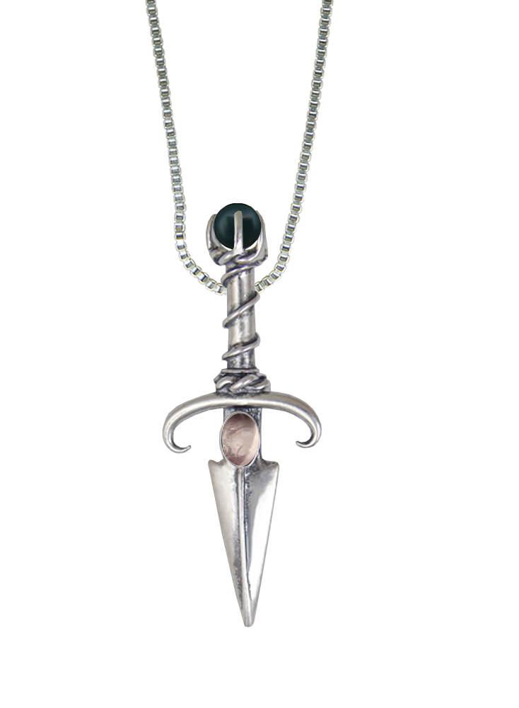 Sterling Silver Black Prince's Knife Dagger Pendant With Rose Quartz And Bloodstone